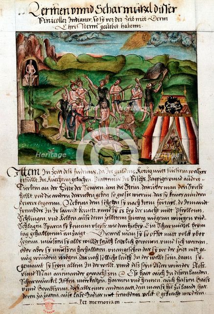 Venezuelans attacking Spanish conquistadors, c16th century. Artist: Hieronyouse Koler