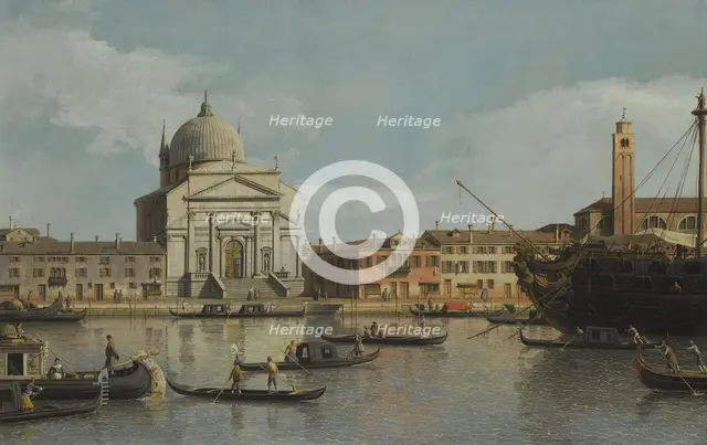 Venice, a view of the Churches of the Redentore and San Giacomo, with a moored Man-of-war, gondolas 