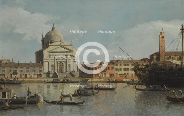 Venice, a view of the Churches of the Redentore and San Giacomo, with a moored Man-of-war, gondolas 