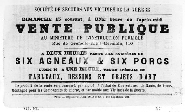 Vente Publique, from French Political posters of the Paris Commune,  May 1871. Artist: Unknown