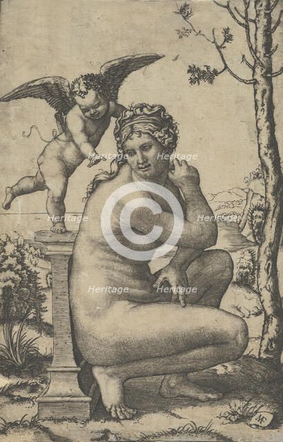 Venus crouching by a plinth on top of which stands Cupid, ca. 1510-27. Creator: Marcantonio Raimondi.