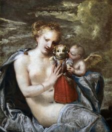 Venus, Cupid and little dog dressed as a child. Creator: Liberi, Pietro (1605-1687)