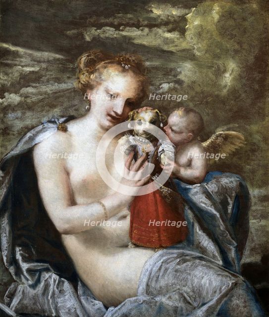 Venus, Cupid and little dog dressed as a child. Creator: Liberi, Pietro (1605-1687).