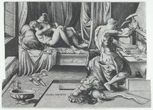 Venus and Mars Embracing as Vulcan Works at His Forge, 1543. Creator: Enea Vico