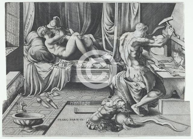 Venus and Mars Embracing as Vulcan Works at His Forge, 1543. Creator: Enea Vico.