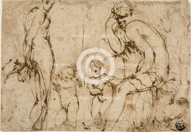 Venus and Mars with Putti (recto); Bearded Man Moving to Right (verso), c. 1550. Creator: Unknown.