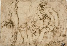 Venus and Mars with Putti (recto); Bearded Man Moving to Right (verso), c. 1550. Creator: Unknown
