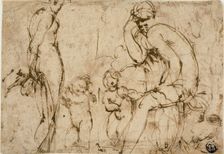 Venus and Mars with Putti (recto); Bearded Man Moving to Right (verso), c. 1550. Creator: Unknown