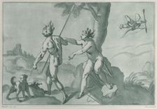 Venus and Adonis (?), nude in a landscape with a dog at left and Cupid at upper right, ..., 1750-70. Creator: Andrea Scacciati