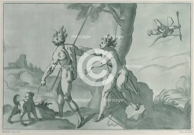Venus and Adonis (?), nude in a landscape with a dog at left and Cupid at upper right, ..., 1750-70. Creator: Andrea Scacciati.