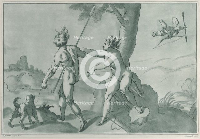 Venus and Adonis (?), nude in a landscape with a dog at left and Cupid at upper right, ..., 1750-70. Creator: Andrea Scacciati.