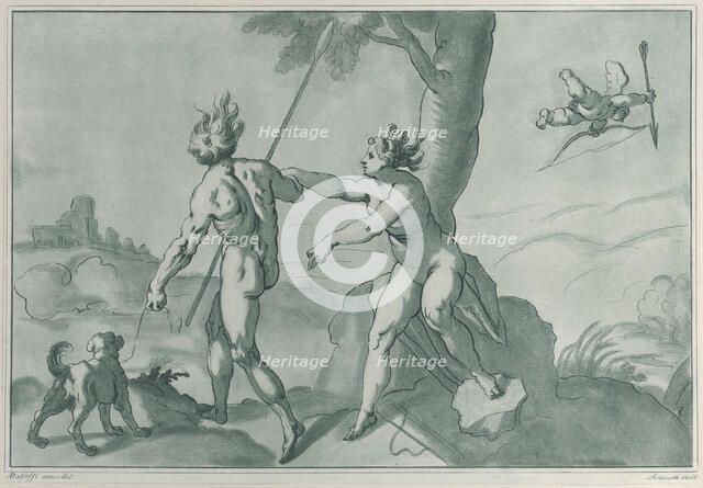 Venus and Adonis (?), nude in a landscape with a dog at left and Cupid at upper right, ..., 1750-70. Creator: Andrea Scacciati.