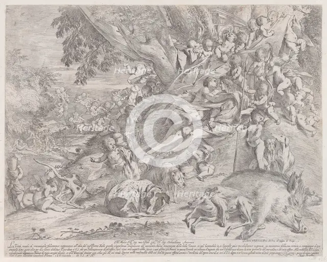 Venus and Adonis, surrounded by many putti, reclining after the hunt, with a dead boar ..., 1631-37. Creator: Pietro Testa.