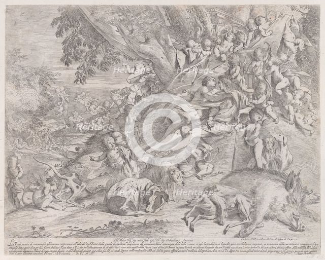 Venus and Adonis, surrounded by many putti, reclining after the hunt, with a dead boar ..., 1631-37. Creator: Pietro Testa.