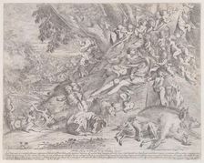 Venus and Adonis, surrounded by many putti, reclining after the hunt, with a dead boar ..., 1631-37. Creator: Pietro Testa