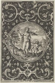 Venus and Cupid in a Decorative Frame with Grotesques, from the Judgment of Paris..., c1580-1600. Creator: Adriaen Collaert