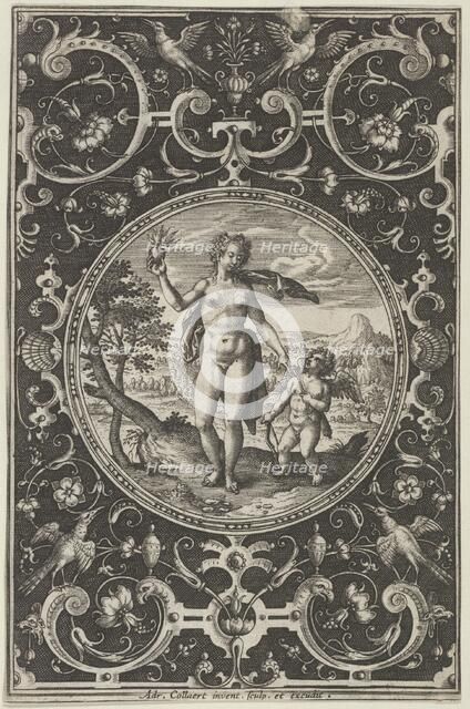 Venus and Cupid in a Decorative Frame with Grotesques, from the Judgment of Paris..., c1580-1600. Creator: Adriaen Collaert.