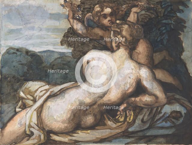 Venus and Cupid in a Landscape, after Annibale Carracci (recto), 1816-17. Creator: Theodore Gericault.