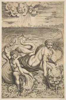 Venus and Cupid riding two sea monsters, Cupid raises an arrow in his right hand, t..., ca. 1515-27. Creator: Marco Dente
