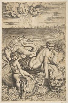 Venus and Cupid riding two sea monsters, Cupid raises an arrow in his right hand, t..., ca. 1515-27. Creator: Marco Dente
