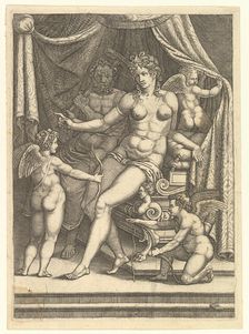 Venus and Vulcan Seated on a Bed and Three Putti, mid-1550s. Creator: Giorgio Ghisi