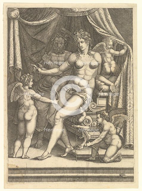 Venus and Vulcan Seated on a Bed and Three Putti, mid-1550s. Creator: Giorgio Ghisi.