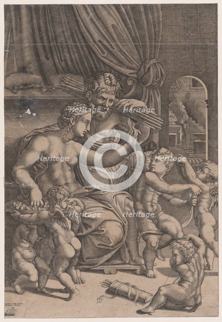Venus and Vulcan Surrounded by Cupids, dated 1530. Creator: Agostino Veneziano.