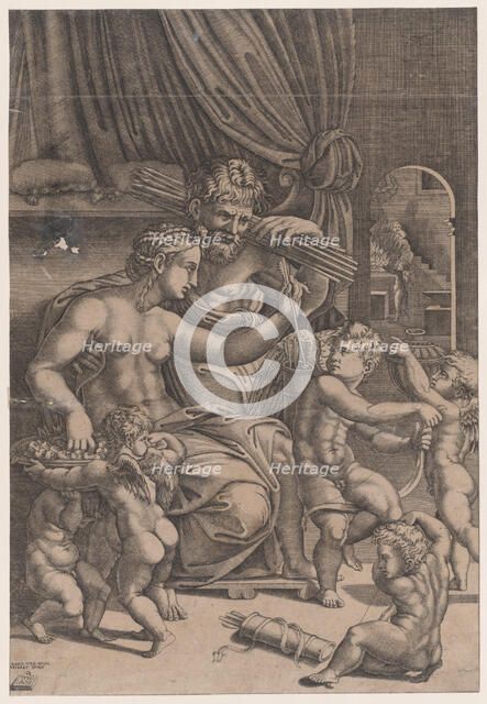 Venus and Vulcan Surrounded by Cupids, dated 1530. Creator: Agostino Veneziano.
