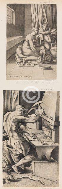 Venus at her Toilette, and Vulcan Working at His Forge, ca. 1546. Creator: Enea Vico.