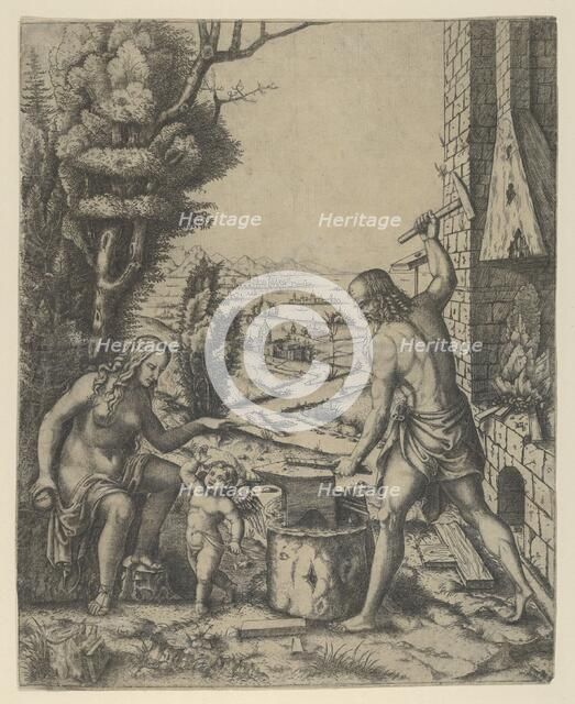 Venus at left holding a golden apple in her right hand and an arrow in her left, Vulca..., ca. 1505. Creator: Marcantonio Raimondi.