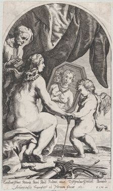 Venus before a mirror held by Cupid while her hair is combed by an old woman, 1631. Creator: Willem Panneels
