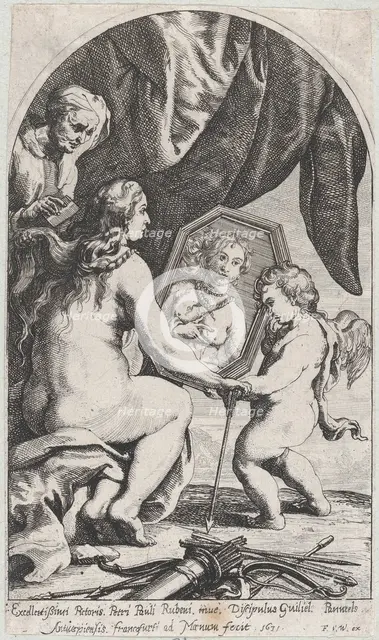 Venus before a mirror held by Cupid while her hair is combed by an old woman, 1631. Creator: Willem Panneels.