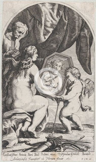 Venus before a mirror held by Cupid while her hair is combed by an old woman, 1631. Creator: Willem Panneels.