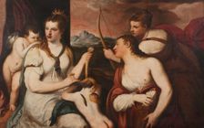 Venus blindfolds Cupid's eyes, mid-16th century. Creator: Andrea Schiavone