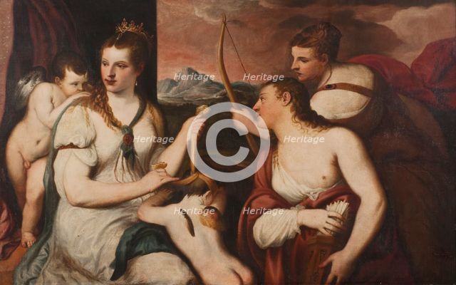 Venus blindfolds Cupid's eyes, mid-16th century. Creator: Andrea Schiavone.