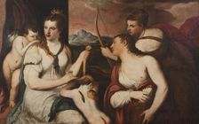 Venus blindfolds Cupid's eyes, mid-16th century. Creator: Andrea Schiavone