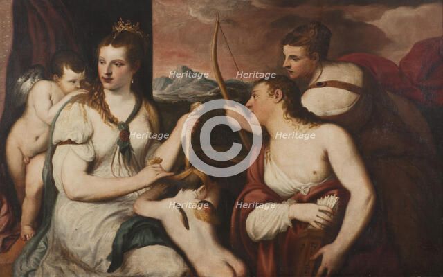 Venus blindfolds Cupid's eyes, mid-16th century. Creator: Andrea Schiavone.