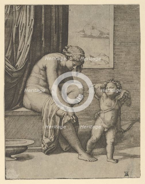 Venus drying her foot with a piece of drapery, Cupid in front of her, holding a bow..., ca. 1510-27. Creator: Marcantonio Raimondi.