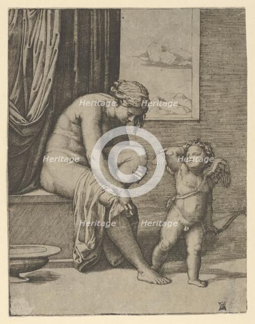 Venus drying her foot with a piece of drapery, Cupid in front of her, holding a bow..., ca. 1510-27. Creator: Marcantonio Raimondi.