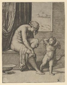 Venus drying her foot with a piece of drapery, Cupid in front of her, holding a bow..., ca. 1510-27. Creator: Marcantonio Raimondi