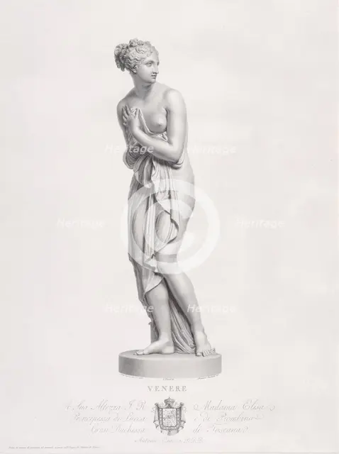 Venus, frontal view. from "Oeuvre de Canova: Recueil de Statues ...", 1817. Creator: Giovanni Tognolli.