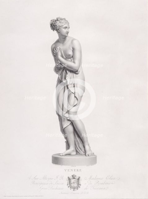 Venus, frontal view. from "Oeuvre de Canova: Recueil de Statues ...", 1817. Creator: Giovanni Tognolli.