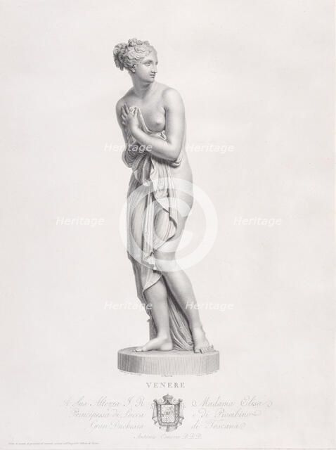 Venus, frontal view. from "Oeuvre de Canova: Recueil de Statues ...", 1817. Creator: Giovanni Tognolli.