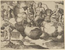 Venus in her dove-drawn chariot complaining to Jupiter who is accompanied by Mercury, f..., 1530-60. Creator: Master of the Die