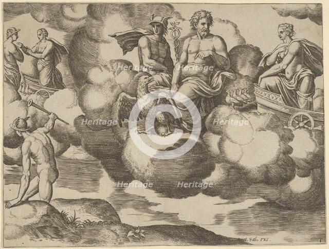 Venus in her dove-drawn chariot complaining to Jupiter who is accompanied by Mercury, f..., 1530-60. Creator: Master of the Die.