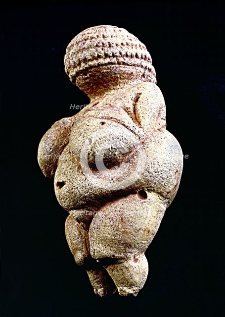 Venus of Willendorf', 110 mm.: woman statue made in limestone and painted with ochre. It is rhomb…