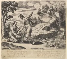 Venus ordering Psyche to take water from a fountain guarded by dragons, from the Fable..., 1530-60. Creator: Master of the Die