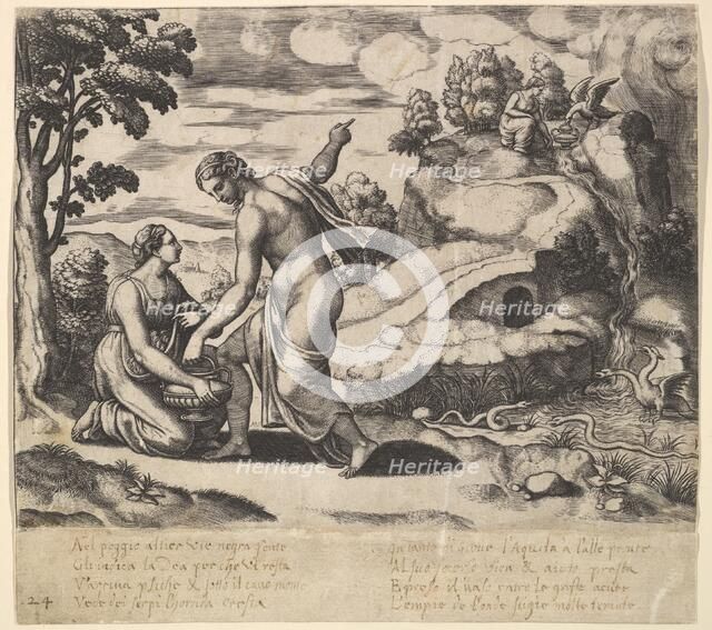 Venus ordering Psyche to take water from a fountain guarded by dragons, from the 'Fable..., 1530-60. Creator: Master of the Die.