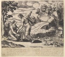 Venus ordering Psyche to take water from a fountain guarded by dragons, from the Fable..., 1530-60. Creator: Master of the Die