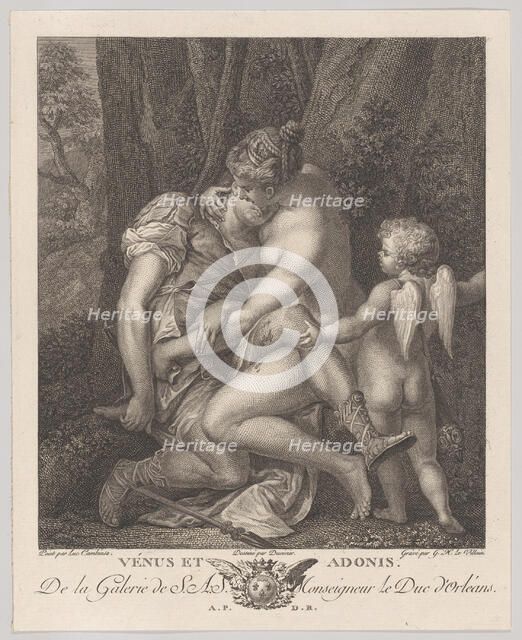 Venus mourning Adonis, seated beneath a tree and embracing him, with Cupid at right, c..., ca. 1786. Creators: Gérard René Le Vilain, Bernard Duvivier.